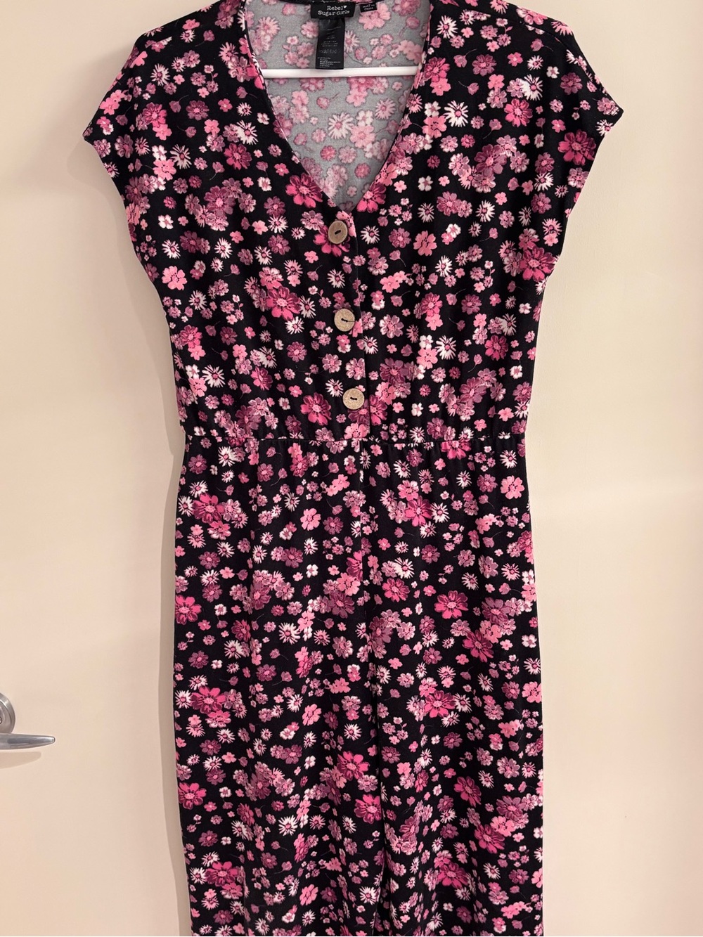 Black & Pink Floral Button-Front girls jumpsuit